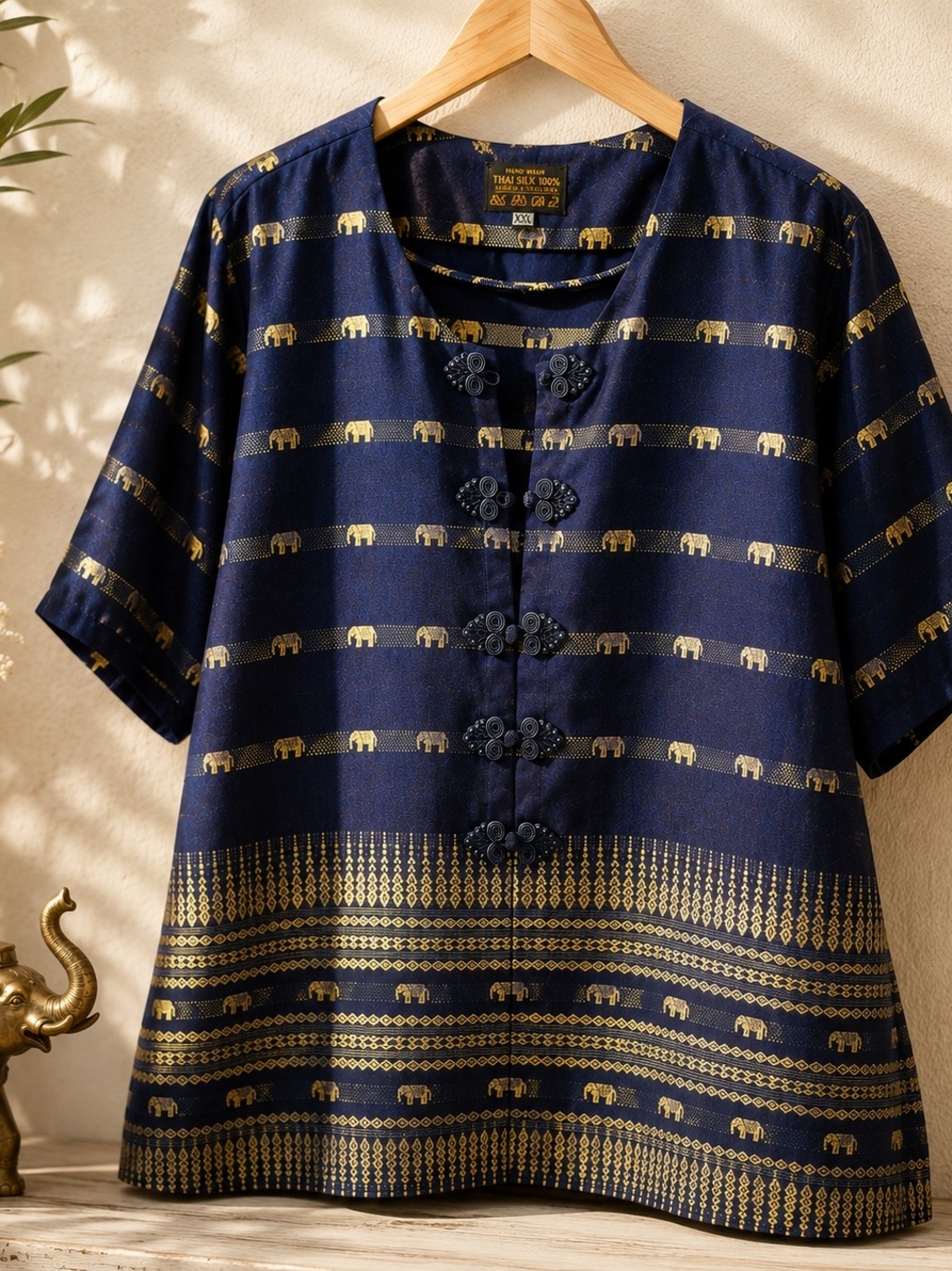 Thai Silk 100% Navy Gold Elephant Jacket Top Frog Closure XXL 24" PTP